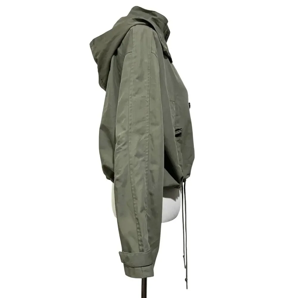 Womens Cropped Utility Jacket Sz M Cargo Coat Hood Pockets Green Adjustable H&M - Picture 7 of 9
